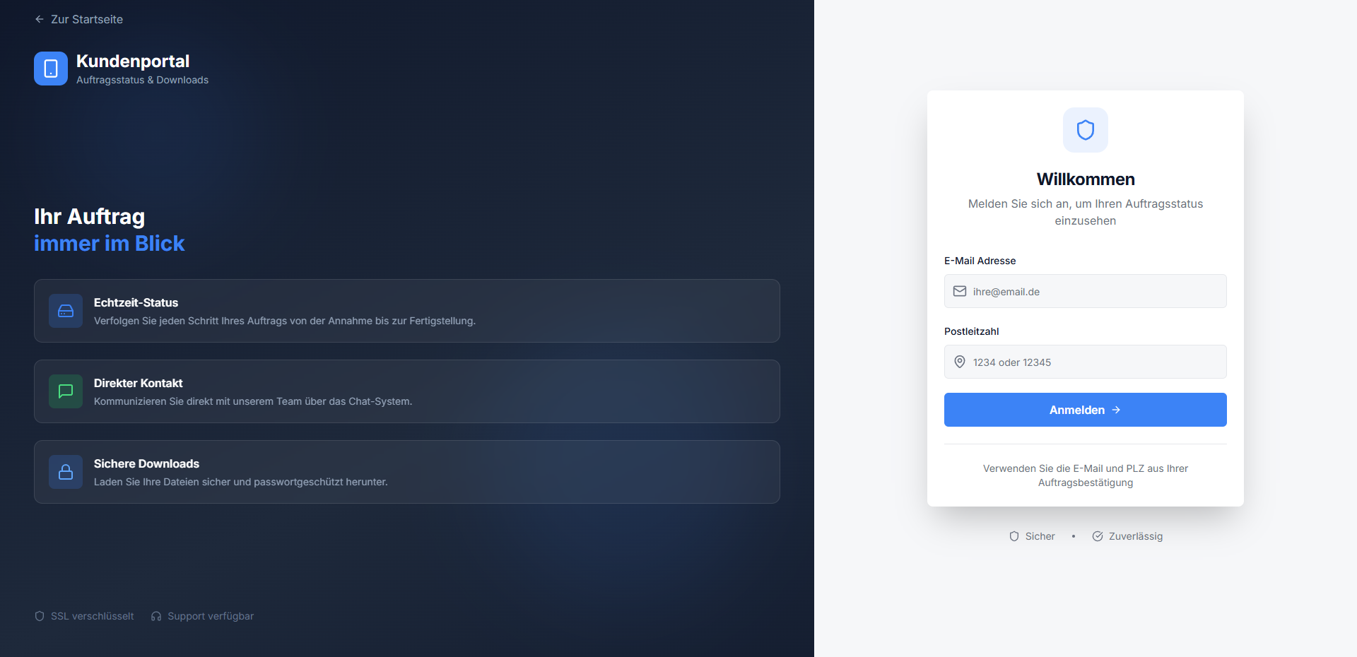 Kundenportal — Live-Status, sichere Downloads und direkter Chat