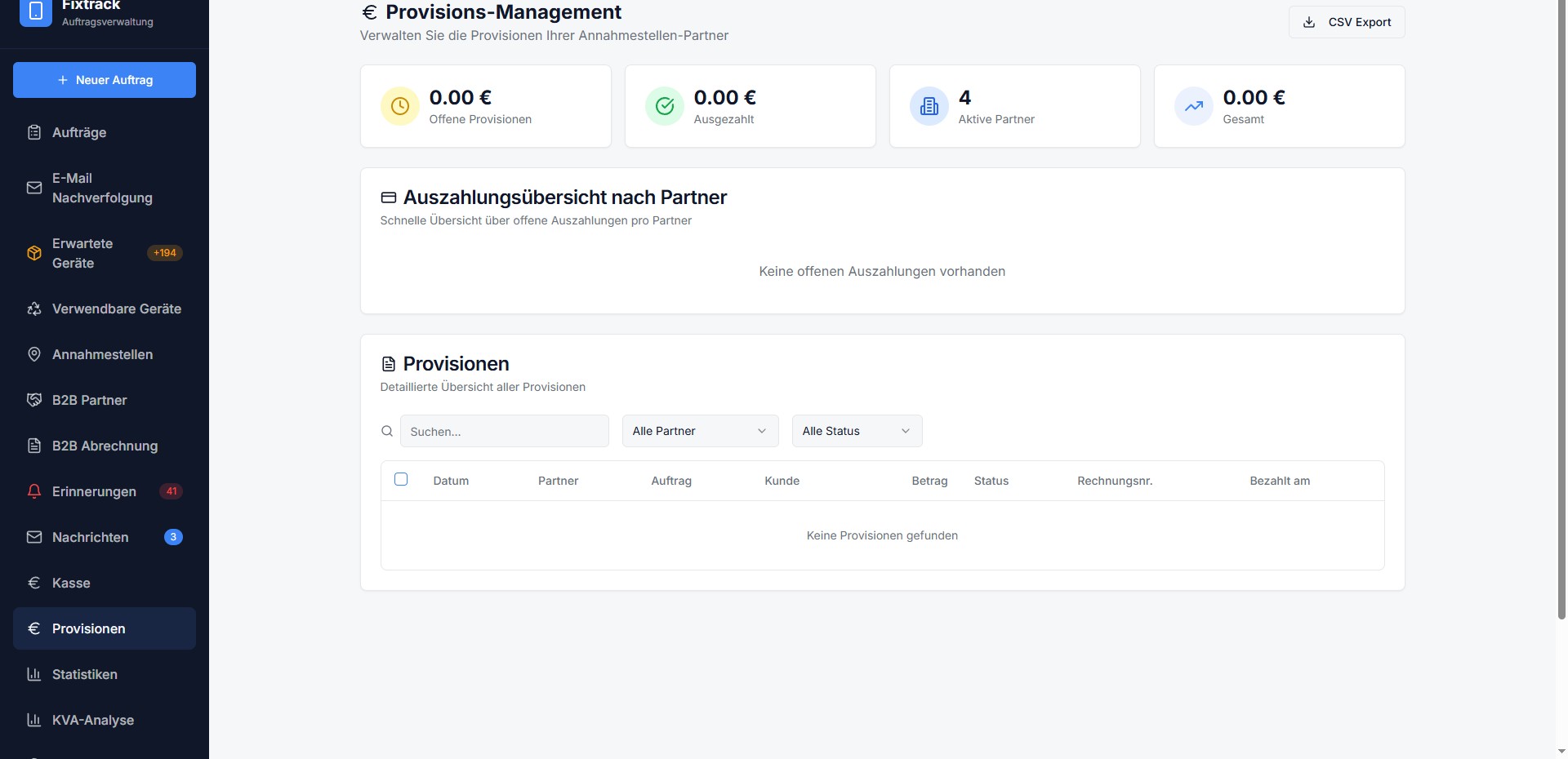Provisions-Management mit automatischer Berechnung pro Partner.