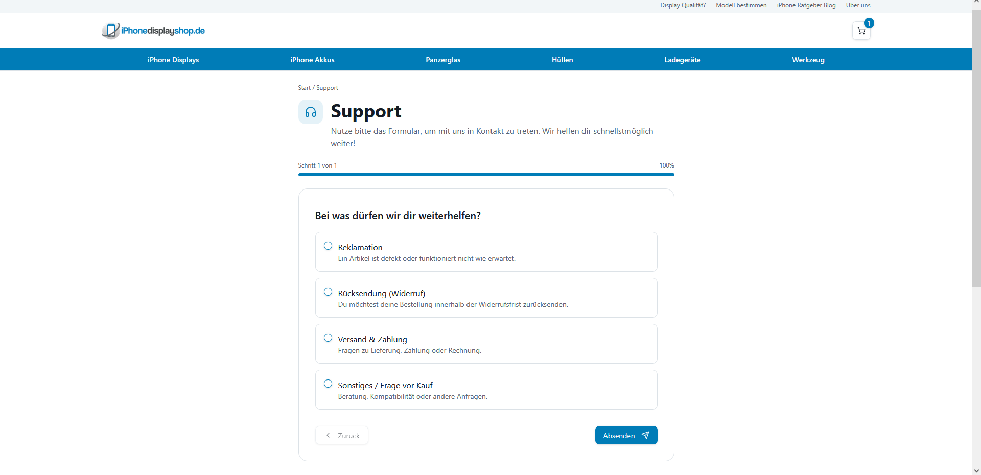 Support-Formular mit strukturierten Anliegen und Ticket-Routing.